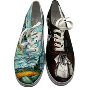 Vans Mens 6.5 Womens 8 Shoes Sneakers Blue Black Art Scenes Customized Skater